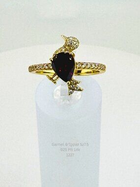 Natural Garnet & White Topaz Bird Ring Size 7.5 Sterling Silver 14K Gold Plated